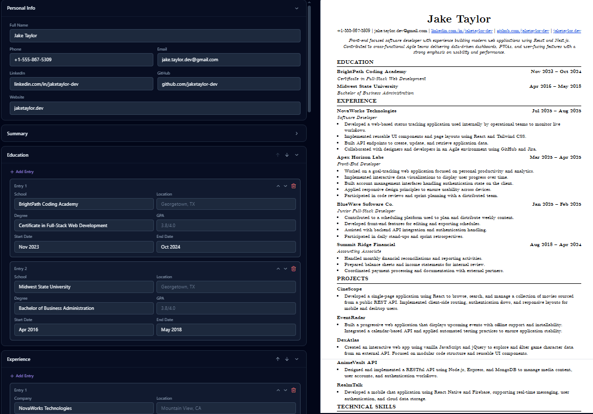 Rejectless software engineer resume builder showing the form editor on the left and a live Jake's Resume preview on the right