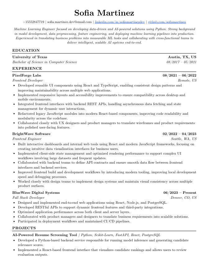 Software engineer resume example built with Rejectless using Jake's Resume template