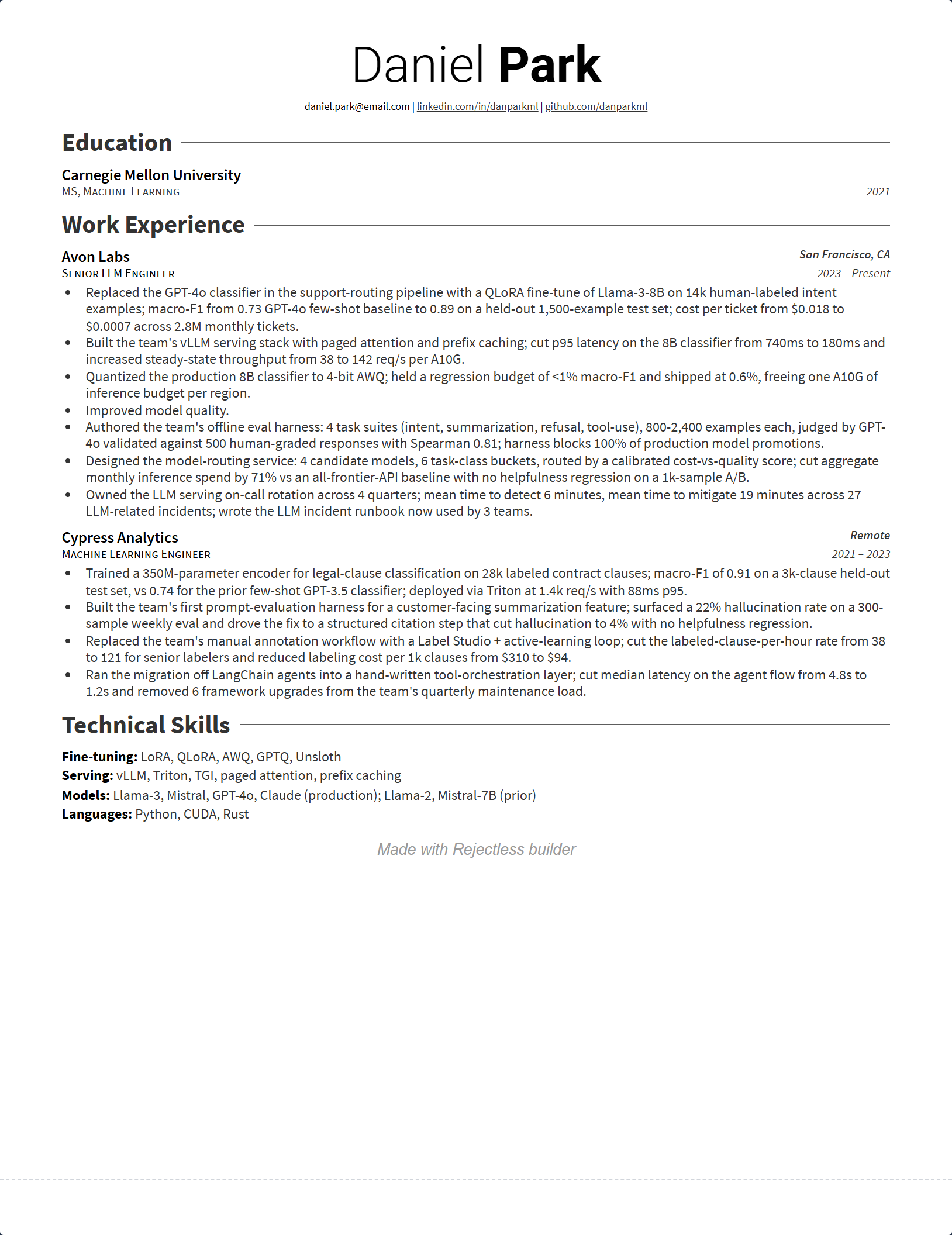 Awesome CV resume template rendered in the builder